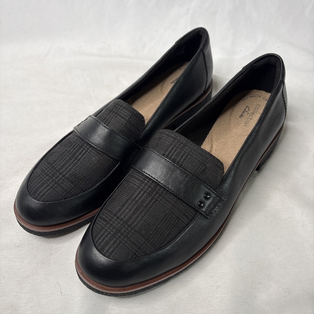 Clarks Griffin Sail Black Leather‎ Loafers Slip On Shoes Plaid Women's 10 Preppy